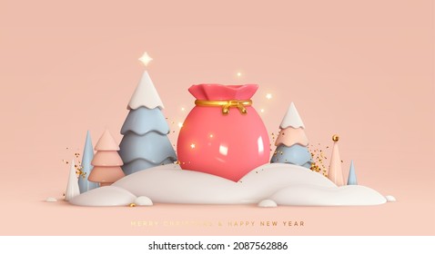 Christmas background. Realistic 3d Christmas trees, colorful winter landscape, gift bag in snow. Happy new year festive abstract design. Soft pastel color blue and pink white. Vector illustration