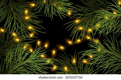 Christmas background with realistic branches of a Christmas tree with glowing electric garland. Background for a Christmas greeting, postcard, banner. Vector illustration EPS10