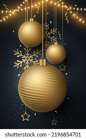 Christmas background with realistic decorations of glittering golden hanging balls, confetti, snowflakes, garland and stars. Graphic design for New year banner, template or party flyer. Vector