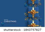 Christmas background. Realistic design with 3d Xmas decoration objects, gift box, bauble ball, gold metal shiny snowflake. glitter confetti. Flatlay top view composition. Greeting card, banner, poster