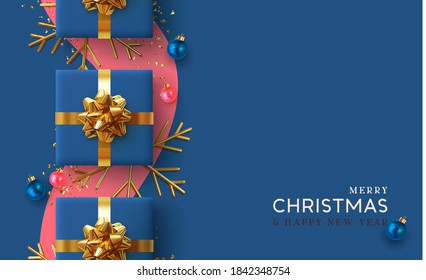 Christmas background. Realistic design with 3d Xmas decoration objects, gift box, bauble ball, gold metal shiny snowflake. glitter confetti. Flatlay top view composition. Greeting card, banner, poster