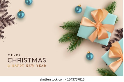 Christmas background. Realistic design with 3d Xmas decoration objects, gift box, fir branches, bauble balls, black shiny snowflake. Flatlay top view composition. Greeting card, banner, poster.