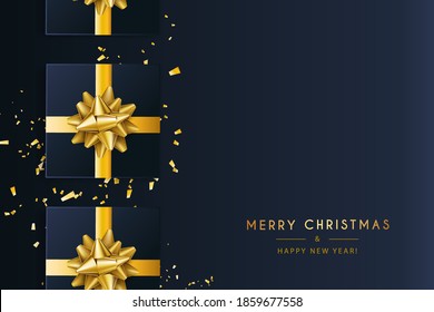 Christmas background. Realistic design with 3d Xmas gift box, glitter confetti. Flatlay top view composition. Greeting card, banner, poster.