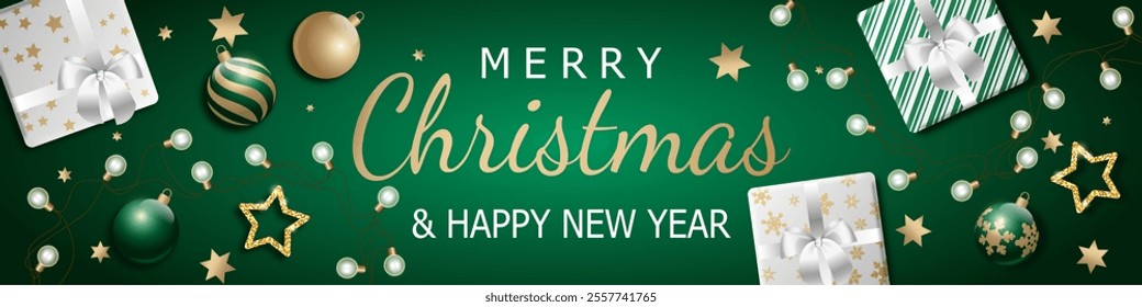 Christmas background. Realistic horizontal vector illustration with christmas vibe, gift boxes, green and gold balls, shiny stars and garland. for card, banner, greeting, flyer, website header