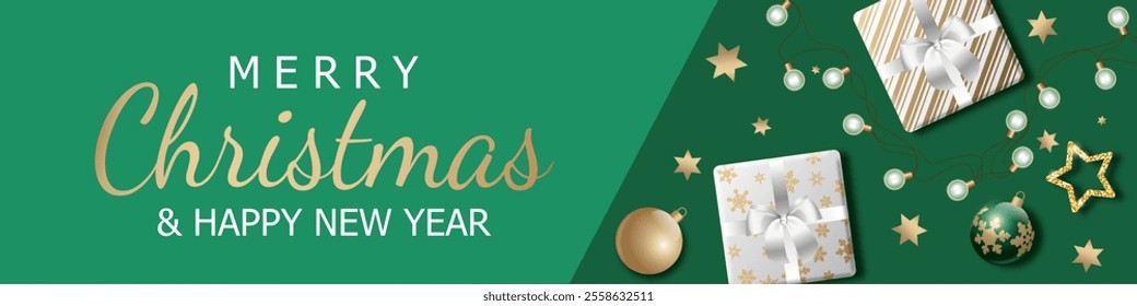 Christmas background. Realistic horizontal vector illustration with christmas vibe, gift boxes, green and gold balls, shiny stars and garland. for card, banner, greeting, flyer, website header