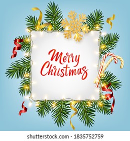 Christmas background with realistic pine branches, shining garlands, candy canes, serpentine, glitter gold snowflake, lettering Merry Christmas. For Christmas greeting card, poster, postcard, banner