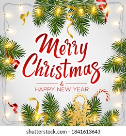 Christmas background with realistic pine branches, shining garlands, candy, serpentine, glitter gold snowflake, lettering Merry Christmas. Christmas, New Year greeting card, poster, postcard, banner
