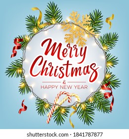 Christmas background with realistic pine branches, shining garlands, candy, serpentine, glitter gold snowflake, lettering Merry Christmas. Christmas, New Year greeting card, poster, postcard, banner