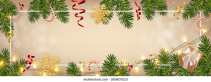 Weihnachtshintergrund mit realistischen Kiefernästen, glänzendem Grasland, Geschenkbox, Süßigkeiten, glänzende Goldschneeflocken, Tinkel. Vorlage für Weihnachts- und Neujahrsgrußkarte, Poster, Postkarte, Banner