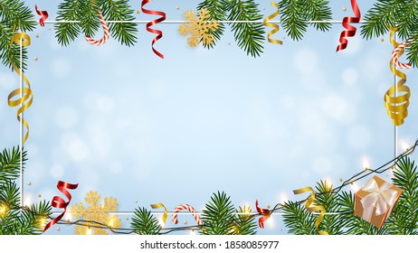 Christmas background with realistic pine branches, shining garlands, gifts box, candy, glitter gold snowflake, tinsel. Template for Christmas and New Year greeting card, poster, postcard, banner