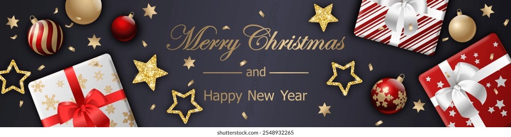 Christmas background. Realistic vector illustration with christmas vibe, gift boxes, red and gold balls, stars and shiny confetti on a dark backdrop. for card, banner, greeting, flyer, website header.