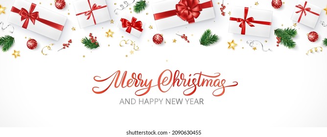 Christmas background, realistic vector. Presents with red bows on white. Handwritten calligraphy text. Holiday frame decoration. Fir tree branch, gift box. For sale banners, headers, party posters.