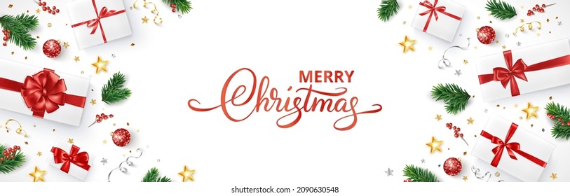 Christmas background, realistic vector. Presents with red bows on white. Handwritten calligraphy text. Holiday frame decoration. Fir tree branch, gift box. For sale banners, headers, party posters.