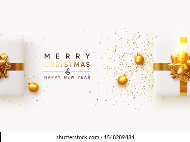 Christmas background. Realistic white gift boxes, with shiny golden confetti, Xmas balls, decorative baubles. Flat lay, top view. Festive New Year poster, greeting cards, banner. vector illustration.
