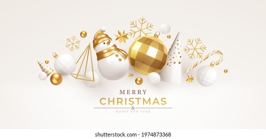 Christmas background with realistic white gold trending decorations for Christmas design isolated on white background. Christmas tree, star, snowman, candy cane, snowflake. Vector illustration EPS10