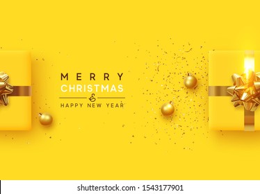 Christmas background. Realistic yellow gift boxes, with shiny golden confetti, Xmas balls, decorative baubles. Flat lay, top view. Festive New Year poster, greeting cards, banner. vector illustration