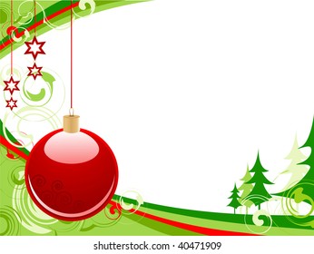 Christmas background with red ball, green firs and ornaments
