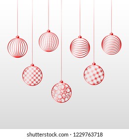 Christmas background red ball toy on a blue background Festive background for Christmas and New Year Pattern of red line toy ball Christmas theme ornament Heder Winter festive background Vector set