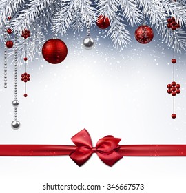 Christmas background with red balls and bow. Vector illustration.