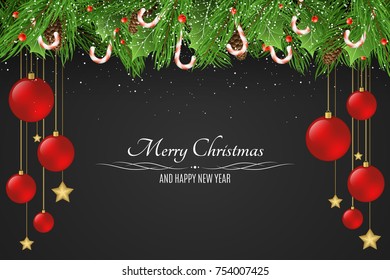 Christmas background. Red balls and golden stars. Sugar lollipops. Snowy berries with a fir tree on a dark background. Happy New Year. Falling snow. Vector illustration