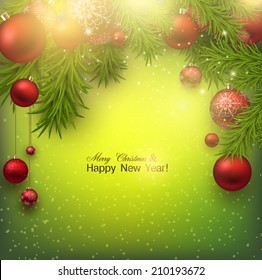 Christmas background with red balls and green branches. Red Xmas baubles. Vector