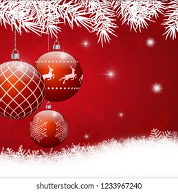 Christmas background. Red Christmas balls with patterns on a red background. Frame made of white fir branches and snowflakes.Square banner; Snowflakes and glitter on background.  Vector illustration.