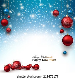 Christmas background with Red christmas balls and snow for xmas design. Vector illustration.