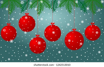 Christmas background with red balls, snowflakes and branches christmas tree on blue background. Merry Christmas and Happy New Year.