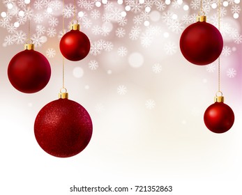 Christmas background with red balls and snowflakes. Vector illustration