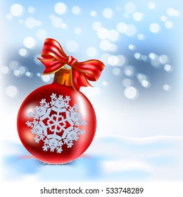 Christmas background with red ball,snow and bow