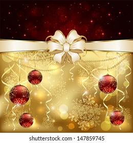 Christmas background with red baubles and beige bow, illustration.