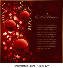 christmas background with red baubles, golden streamers and defocused lights (no mesh or transparencies used)