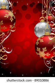 Christmas Background with Red Baubles and streamers