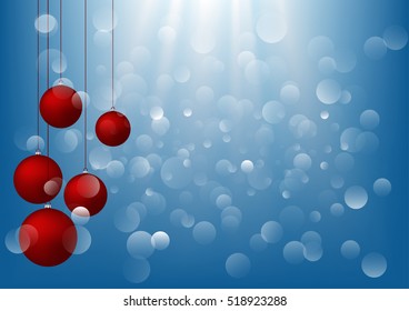 Christmas background with red bauble,snow and snowflakes- Lights Bokeh Defocused Decoration  Blue