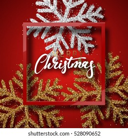 Christmas background red, with beautiful bright snowflakes realistic shine glitter. In Framed calligraphy handmade. Merry Christmas and Happy New Year poster, greeting card. Xmas holidays