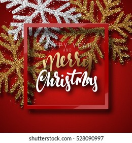 Christmas background red, with beautiful bright snowflakes realistic shine glitter. In Framed calligraphy handmade. Merry Christmas and Happy New Year poster, greeting card. Xmas holidays