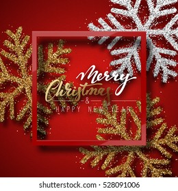 Christmas background red, with beautiful bright snowflakes realistic shine glitter. In Framed calligraphy handmade. Merry Christmas and Happy New Year poster, greeting card. Xmas holidays