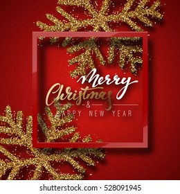 Christmas background red, with beautiful bright snowflakes realistic shine glitter. In Framed calligraphy handmade. Merry Christmas and Happy New Year poster, greeting card. Xmas holidays