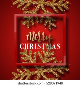 Christmas background red, with beautiful bright snowflakes realistic shine glitter. In Framed calligraphy handmade. Merry Christmas and Happy New Year poster, greeting card. Xmas holidays