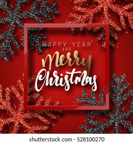Christmas background red, with beautiful bright snowflakes realistic shine glitter. In Framed calligraphy handmade. Merry Christmas and Happy New Year poster, greeting card. Xmas holidays