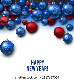 Christmas background with Red and blue christmas balls and snow for xmas design. Vector illustration.