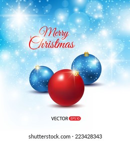 Christmas background with red and blue balls, snow and lights. Elegant vector background.