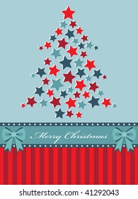 christmas background in red and blue with star tree and banner