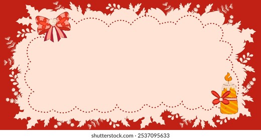 Christmas Background with Red Bow and Candle on a Red Background. Holiday Frame for Seasonal Greetings and Invitations.