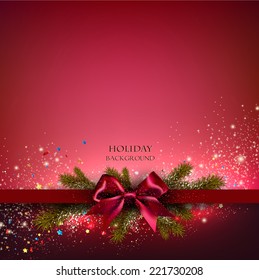 Christmas background with red bow and fir twigs garland. Vector illustration.