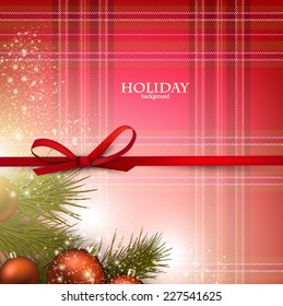 Christmas background with red bow and fir twigs garland on textured material. Vector illustration.