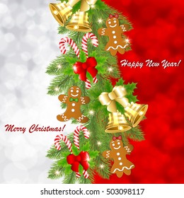 Christmas background with red bow and gold bell and christmas tree and gingerbread