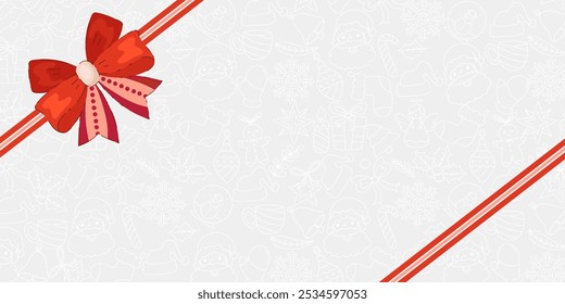Christmas Background with Red Bow and Holiday Icons. Perfect for holiday greeting cards, gift wrapping, and seasonal design projects