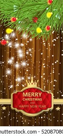 Christmas background with red bow, red label ribbon and snowflakes bokeh on wood