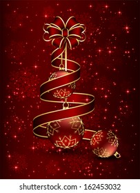Christmas background with red bow, ribbon and three balls, illustration.
